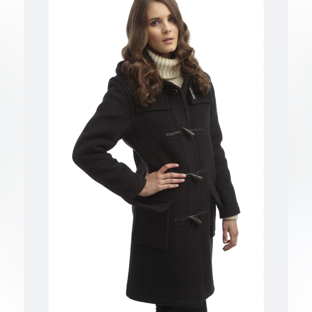 Hooded Duffle Coat Size 12 Faux Horn Toggle/Snap closure Wool Blend Blac…